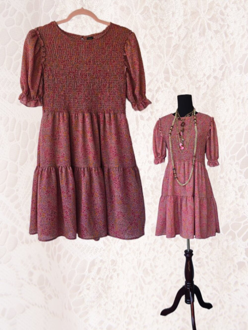 Ditzy Floral Print Shirred Bodice Midi-Length Romantic Cottagecore Boho Sz Small